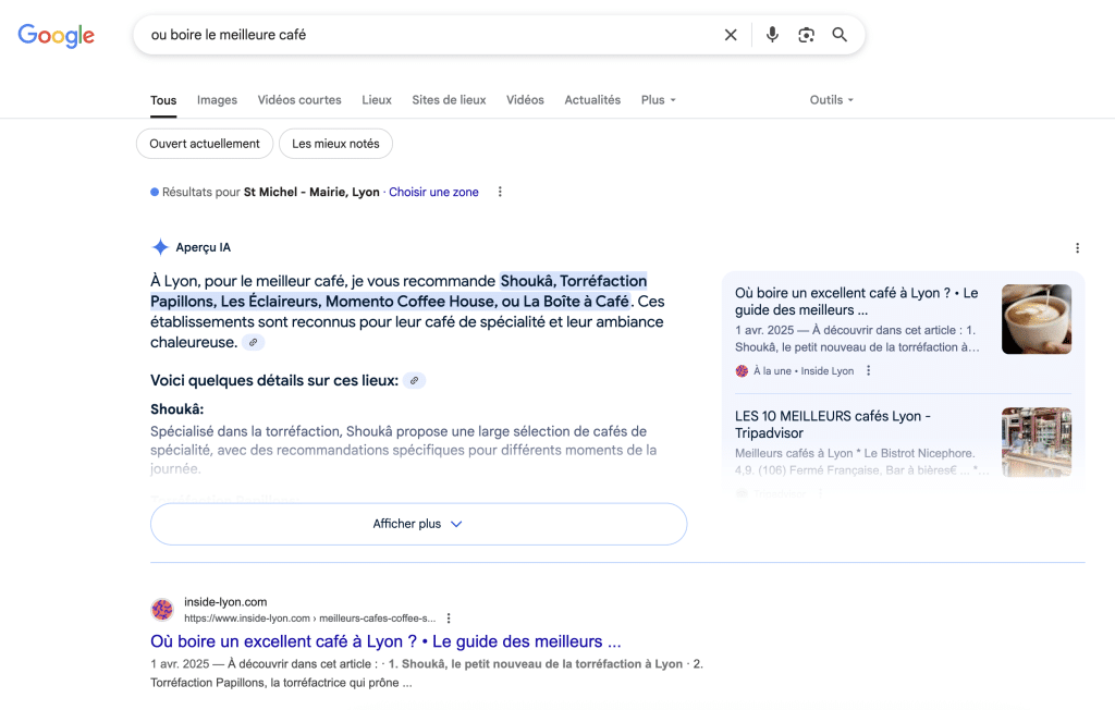 Aperçu IA de Google résumant les meilleurs cafés de Lyon au-dessus des résultats de recherche